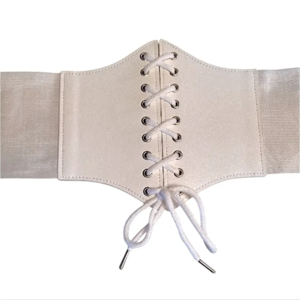 White Vegan Leather Under Breast Corset Stretch Lace‎ Up Belt One Size